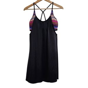 Athleta Tankini Swim Dress Women 36 D/DD Black Multi Stripe Bra Top Blousy Beach
